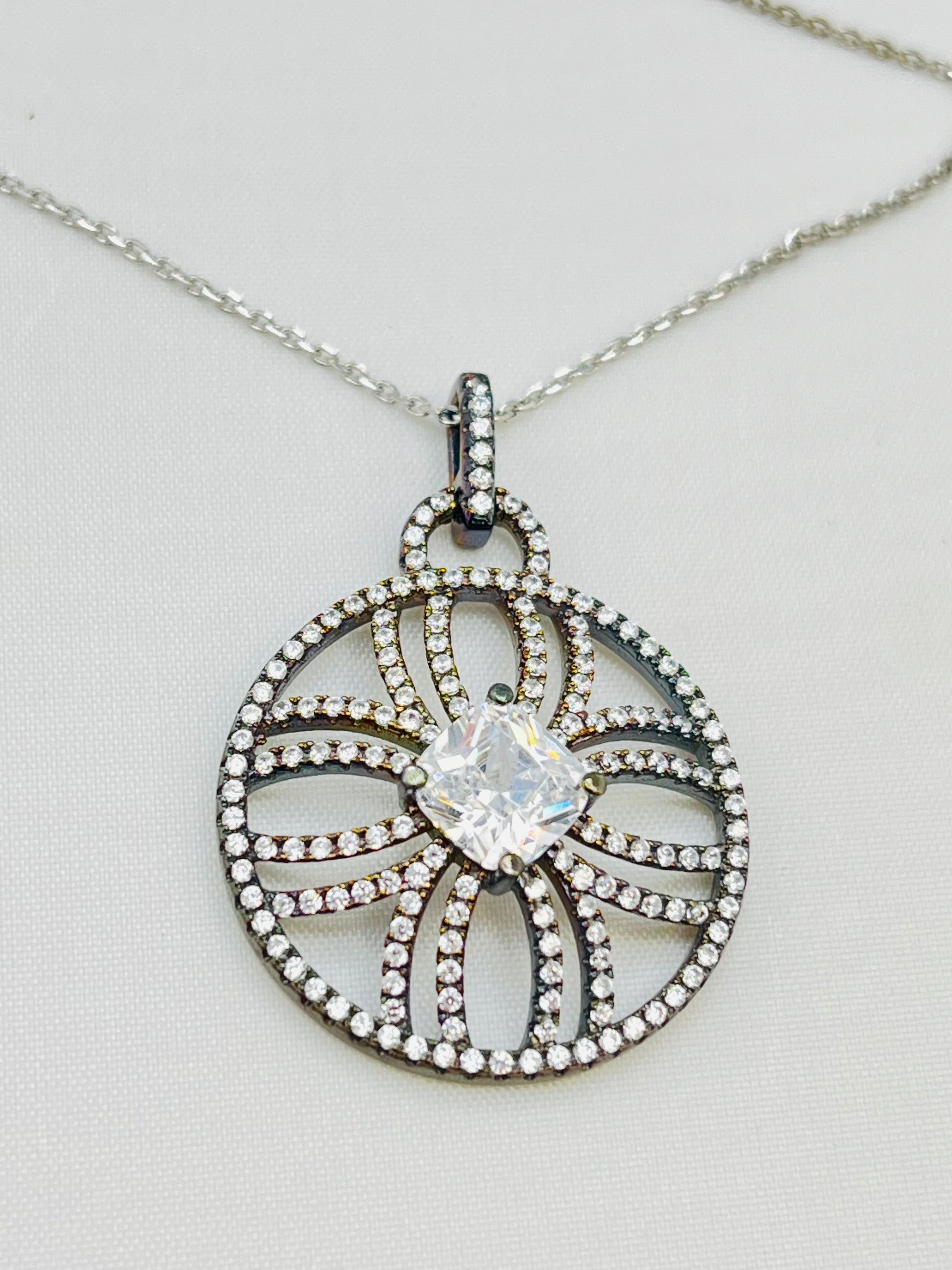 925 Sterling Silver Crystal Pave Classica Pendant With Chain Necklace