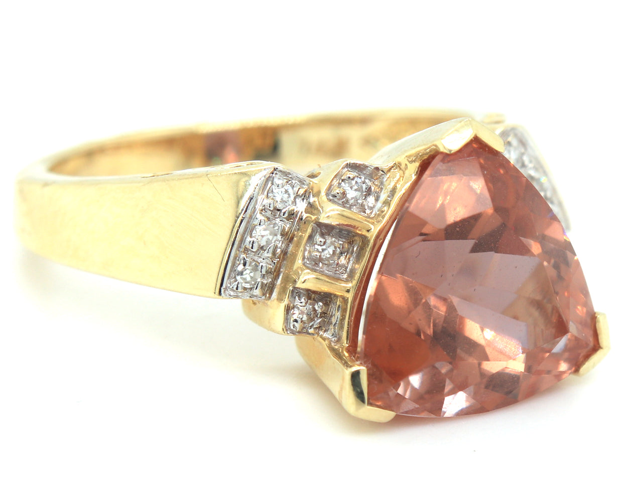 14kt Yellow gold Triangle pink topaz and diamond ring