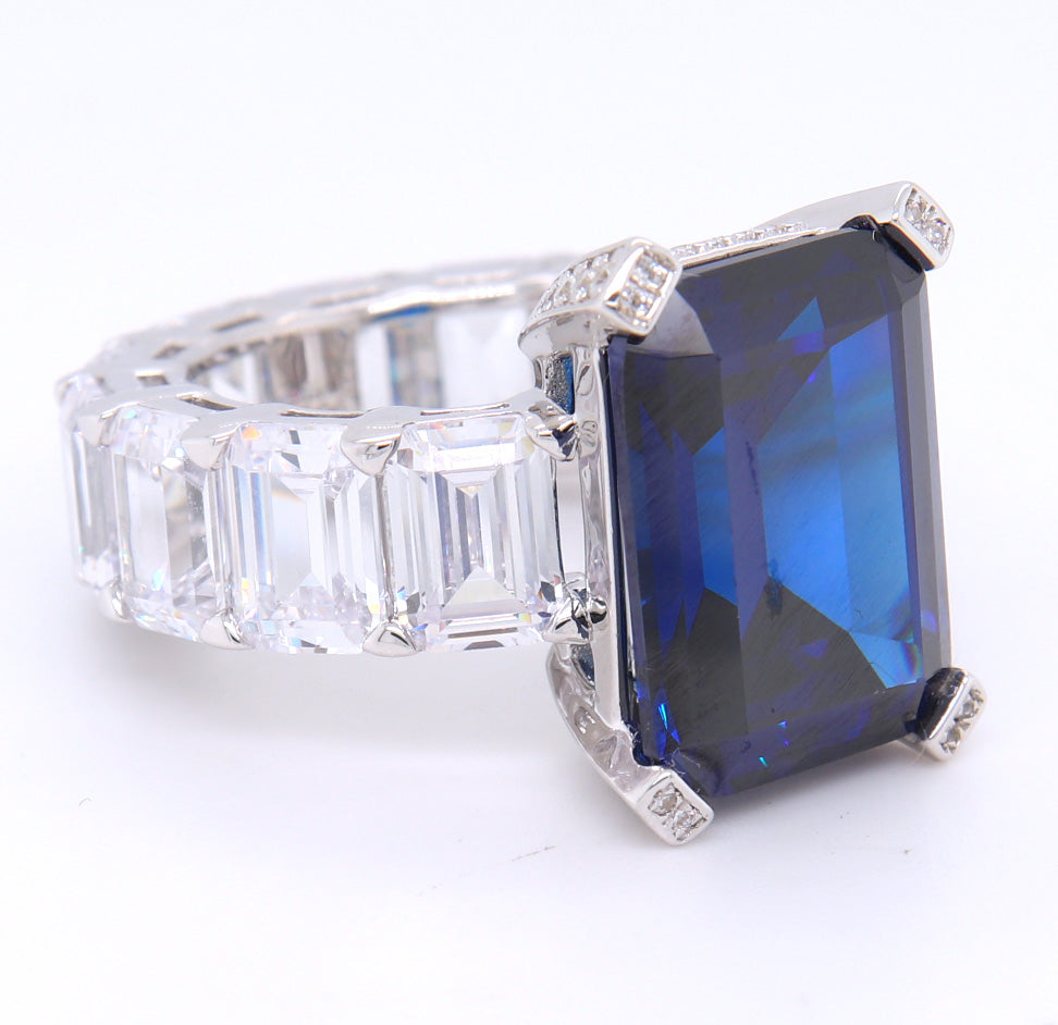 Sterling Silver Emerald Cut Navy Blue Ring with White Cubic Zirconia Band