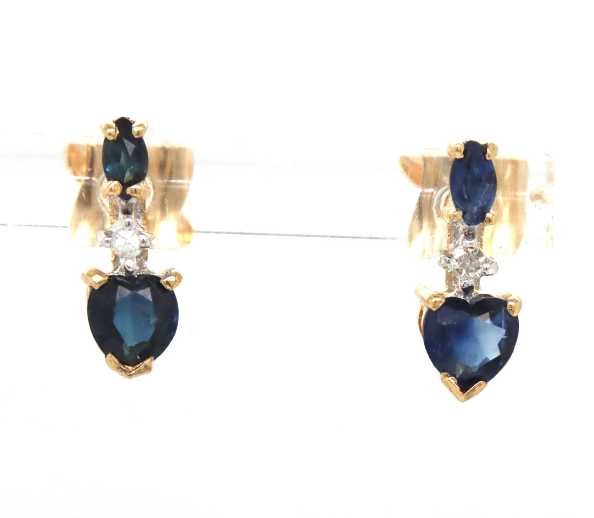 14kt Yellow gold marquise and heart shaped sapphire and diamond stud