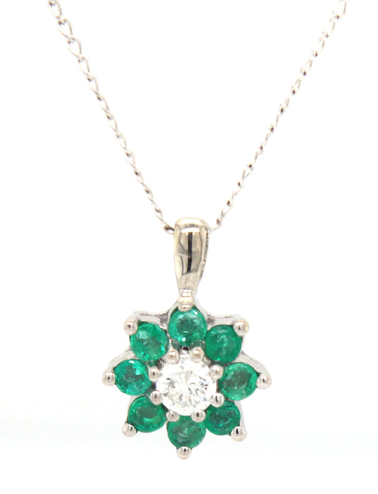 14kt White gold diamond and Emerald flower pendant on chain necklace
