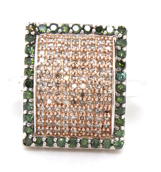 925 Sterling silver Fancy IR green and white diamond ring