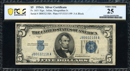 1934A $5 Silver Certificate Fr. 1651 (JA Block) Julian/Morgenthau PCGS Very Fine 25