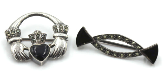 Vintage 925 sterling silver lot of 2 Marcasite brooches