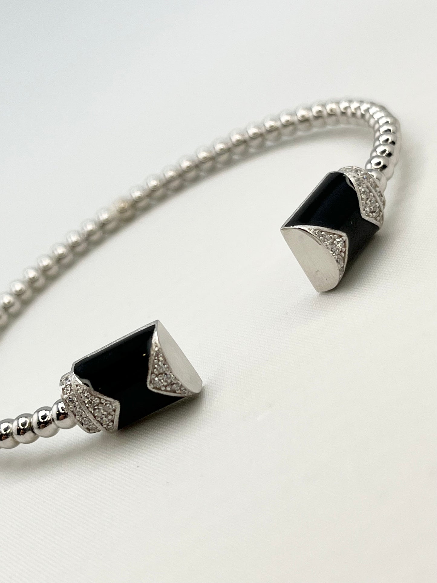 925 Sterling Silver Beaded Bar Black Onyx and Crystal Open Bangle
