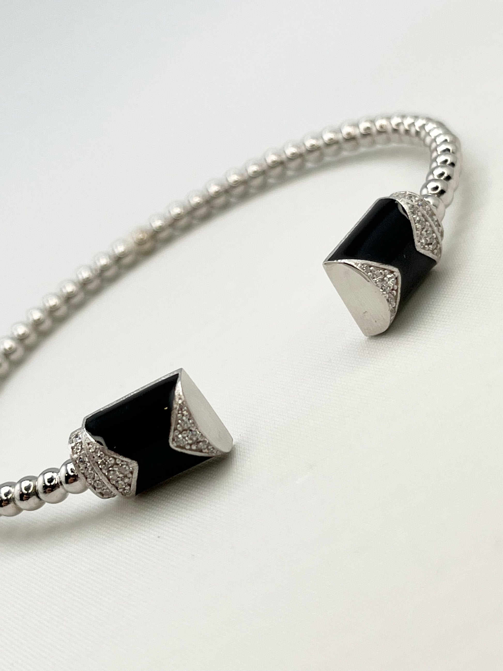 925 Sterling Silver Beaded Bar Black Onyx and Crystal Open Bangle