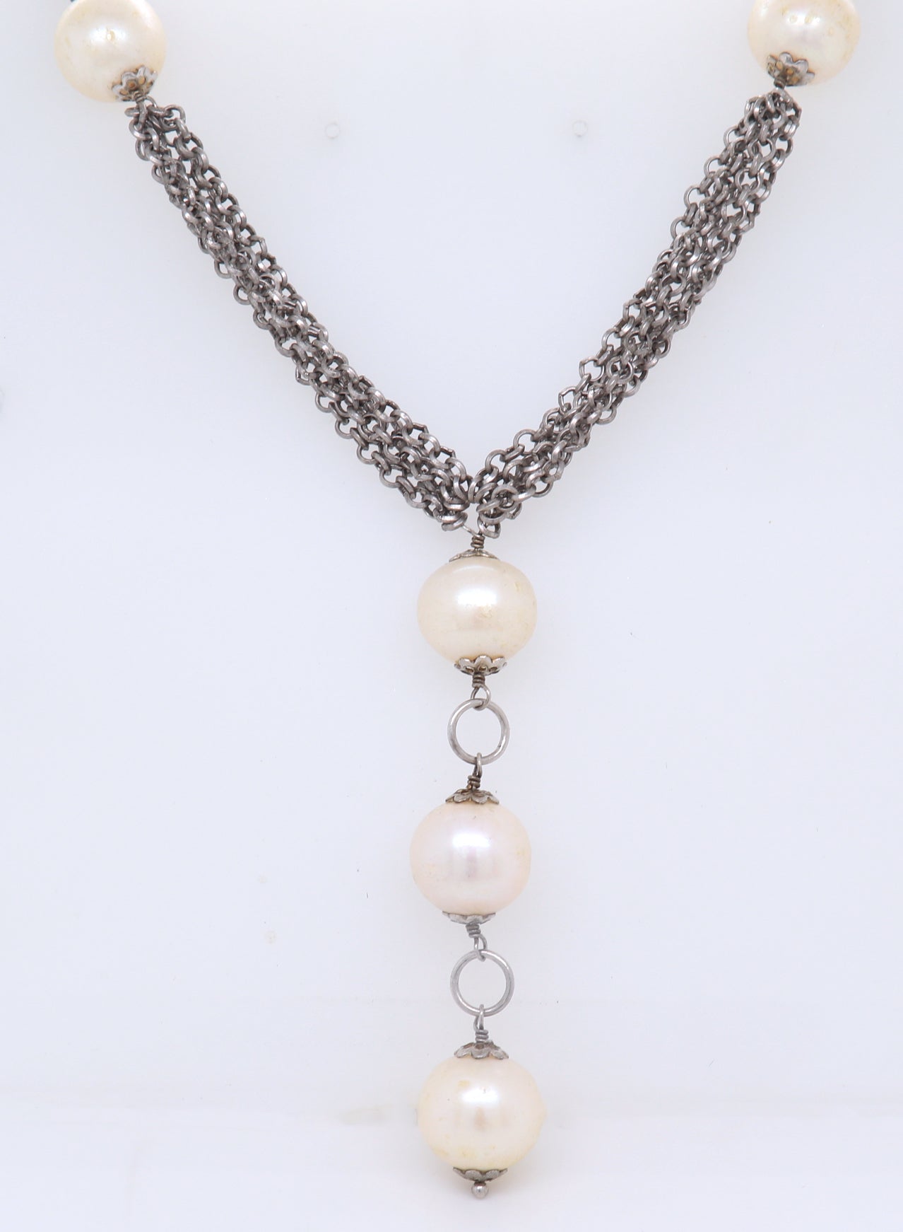 925 Sterling Silver Dangle Pearl Pendant on Multi Strand Chain Necklace