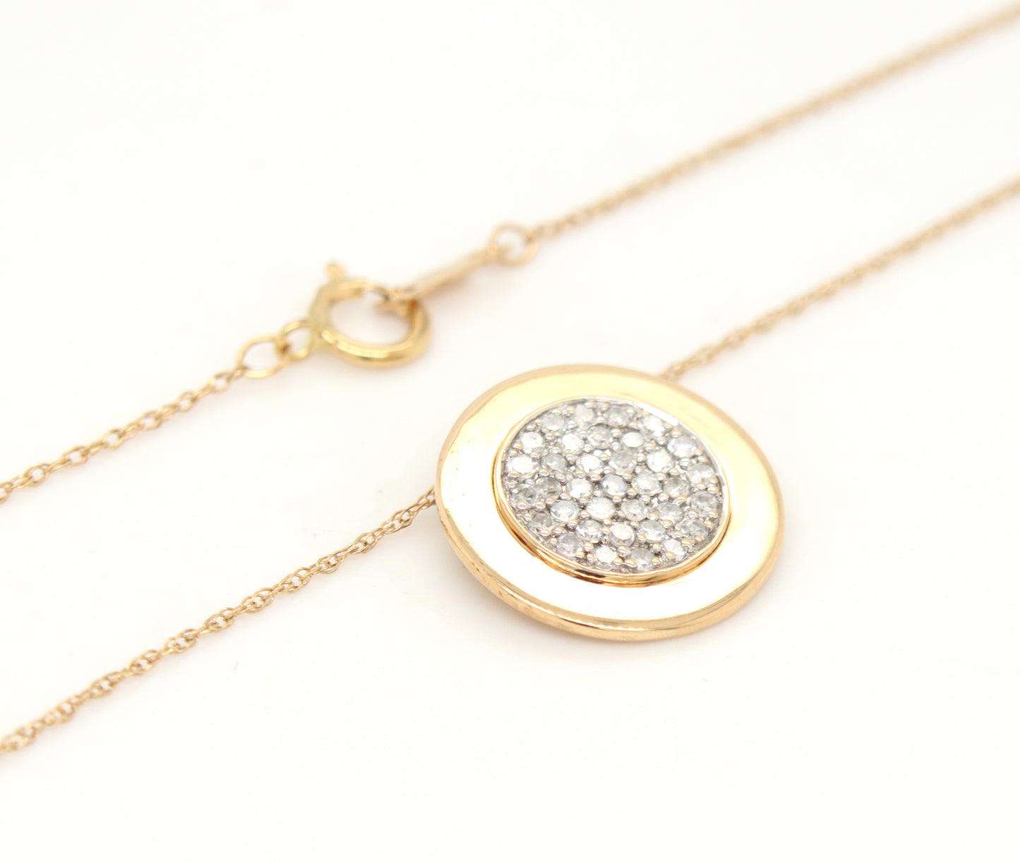 14kt Yellow gold pave diamond disk pendant on chain necklace