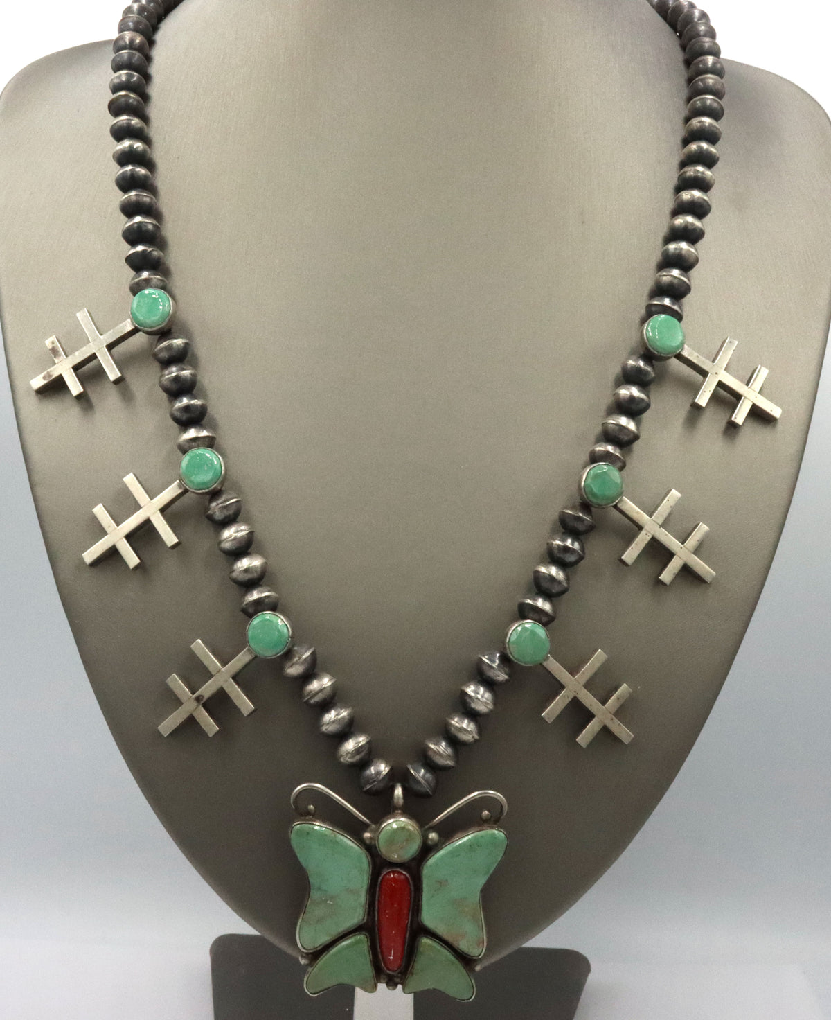 925 Sterling Silver Oscar Alexius Old Style Amertican Native Turquoise Butterfly Necklace