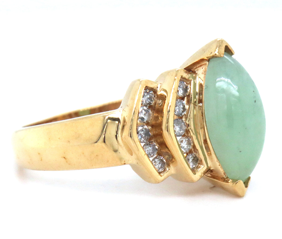 14kt Yellow gold marquise Jade and channel set diamond ring