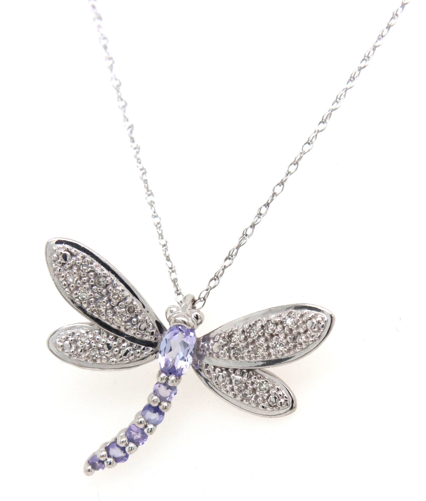10kt White gold oval tanzanite and diamond dragonfly pendant on chain