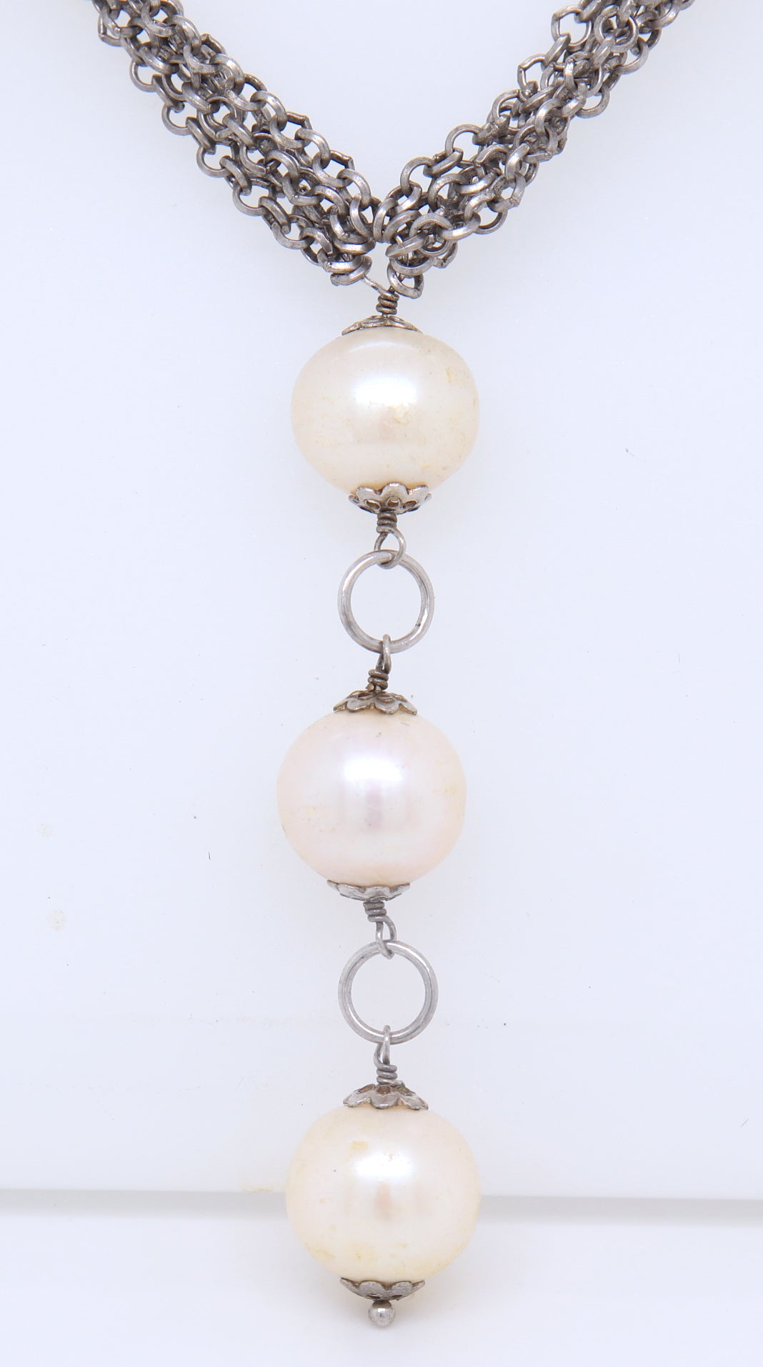 925 Sterling Silver Dangle Pearl Pendant on Multi Strand Chain Necklace