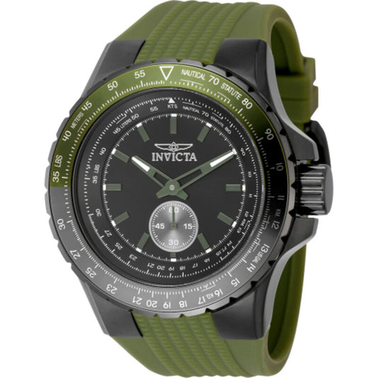 Invicta Aviator Mens Quartz Watch Black Dial Green Silicone Strap 50 mm
