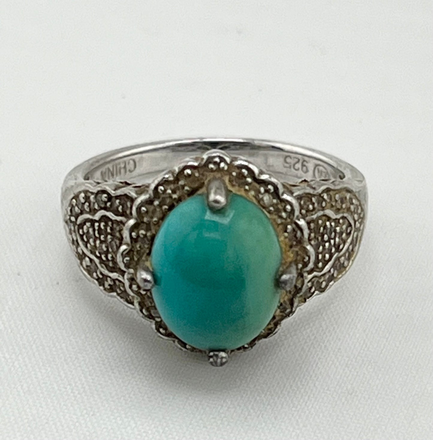 925 Ster;ling Silver Vintage Turquoise With Decorative Metalwork Ring