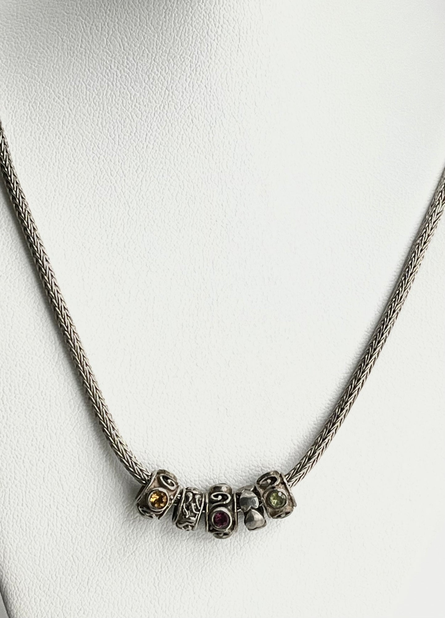 925 Sterling Silver Samuel B Braided Chain With Gemstone Charm Beads Necklace