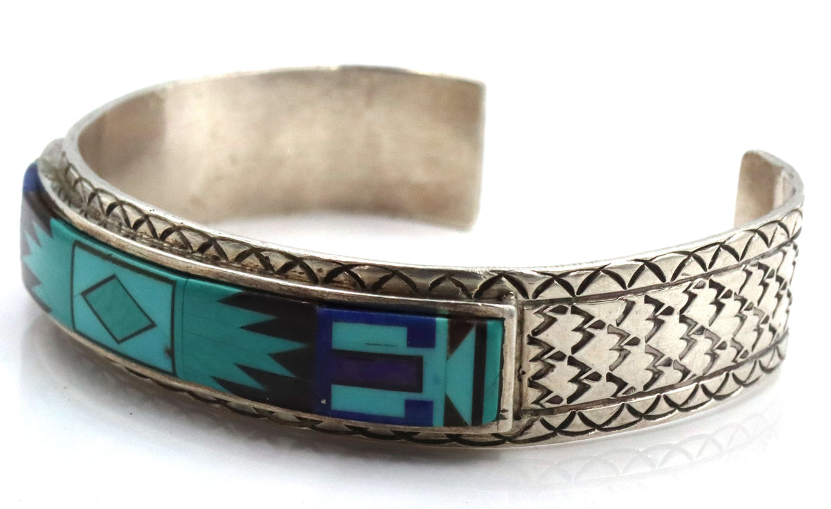 925 Sterling Silver Signed Anglo- Native Amertican Jewerly Key Johnson Geometric Inlay Of Turquoise 
