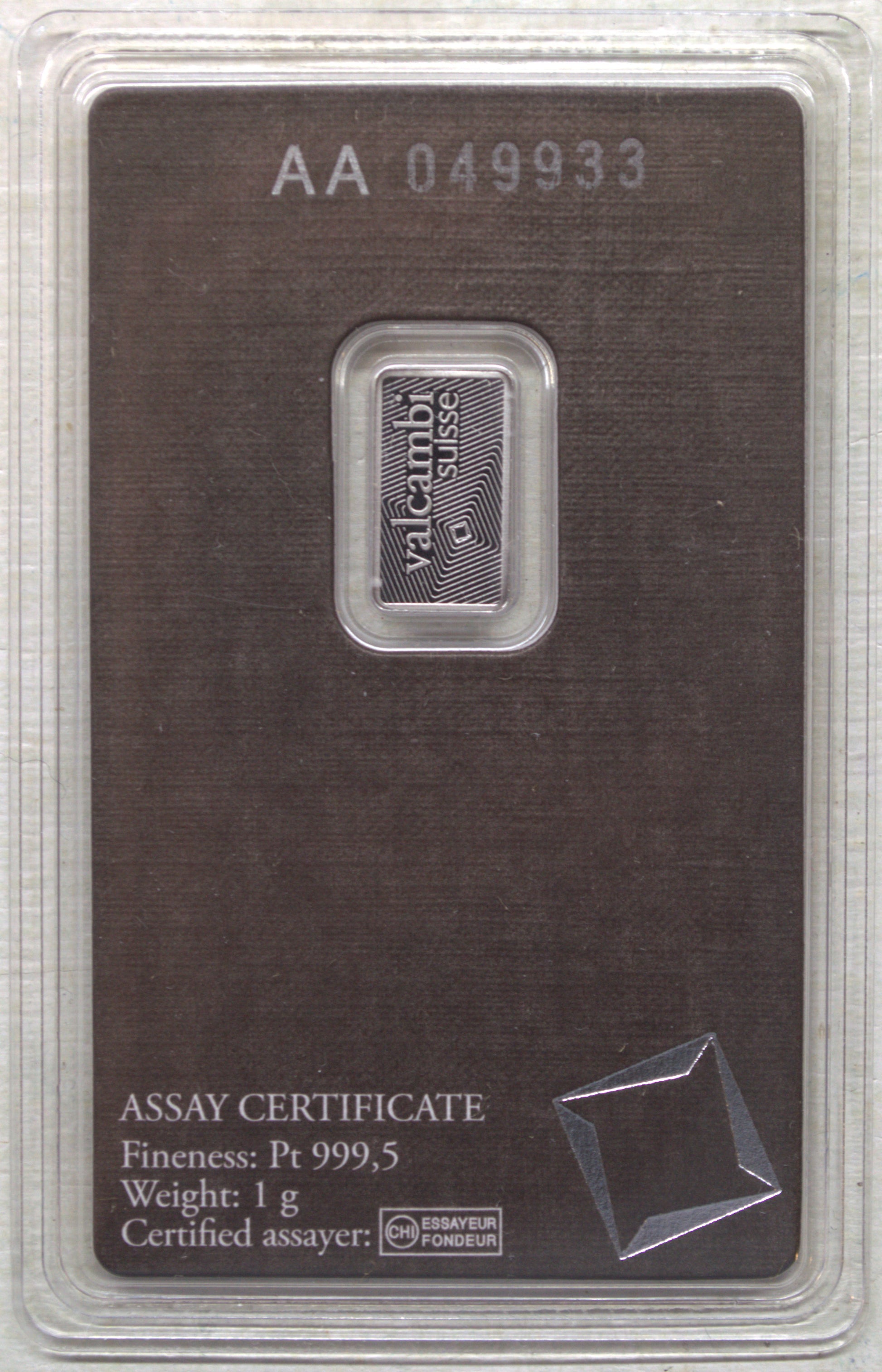 Valcambi Suisse 1 Gram Platinum Bar .9995 Fine in Sealed Assay Card