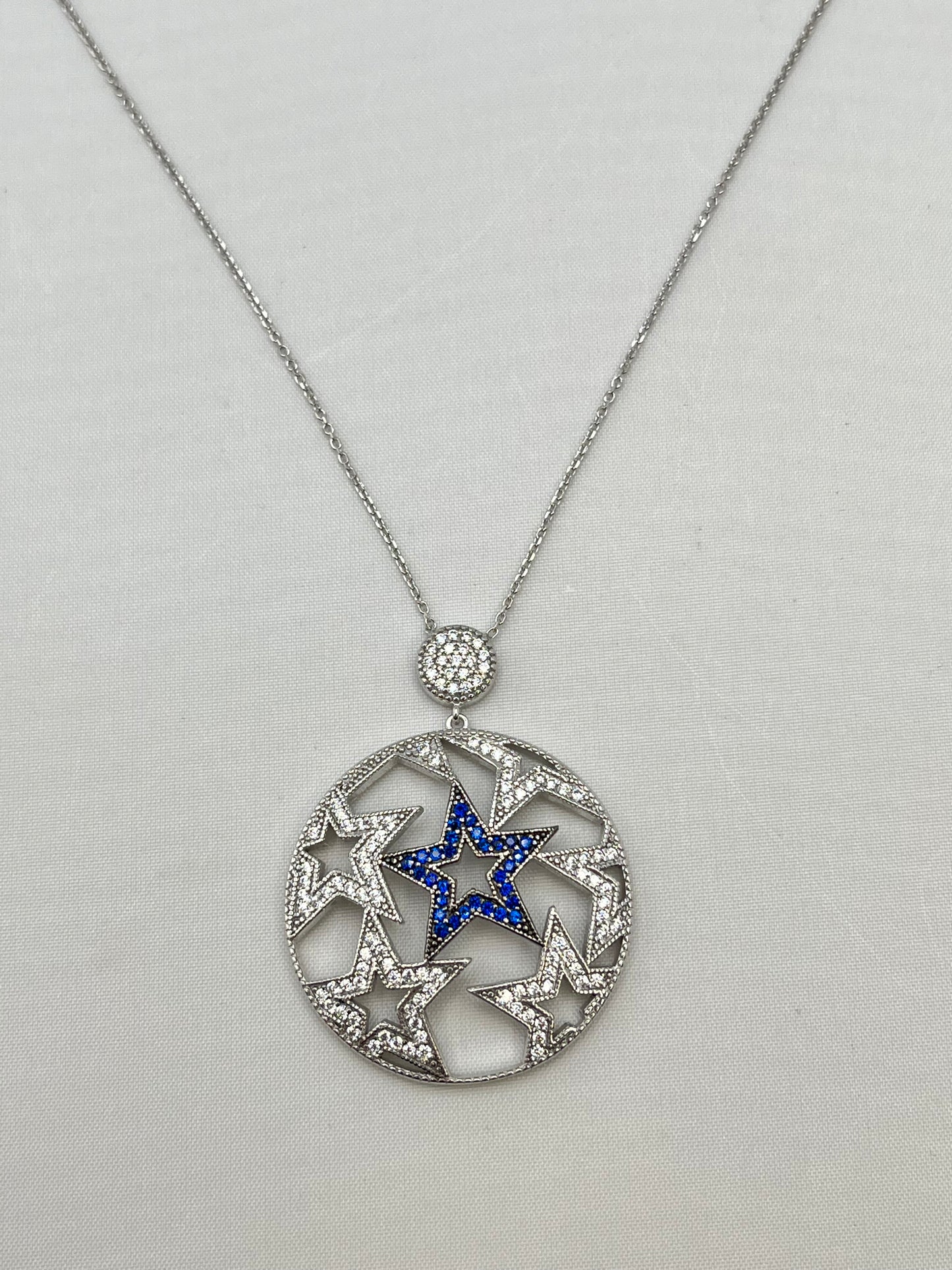 925 Sterling Silver Lucky Star Necklace Clear and Blue Pave Crystal