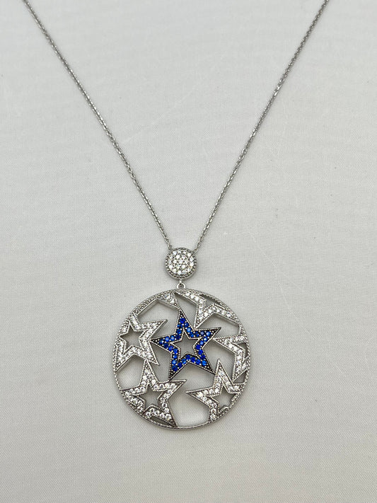 925 Sterling Silver Lucky Star Necklace Clear and Blue Pave Crystal