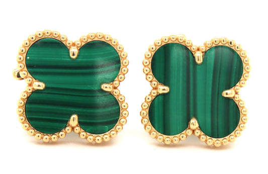 18KT Yellow Gold Green Malachite large Clover Stud Earrings
