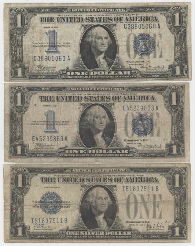 Lot of Three $1 Silver Certificates (2 1934 and 1 1957 Series) U.S. Small Size Notes