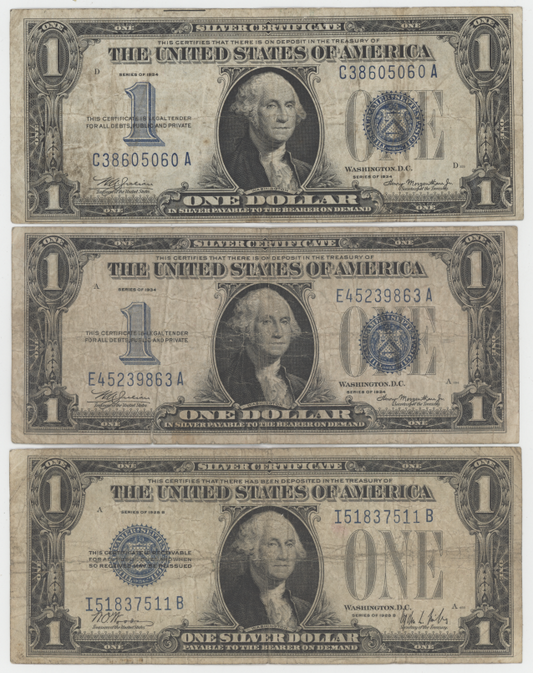 Lot of Three $1 Silver Certificates (2 1934 and 1 1957 Series) U.S. Small Size Notes