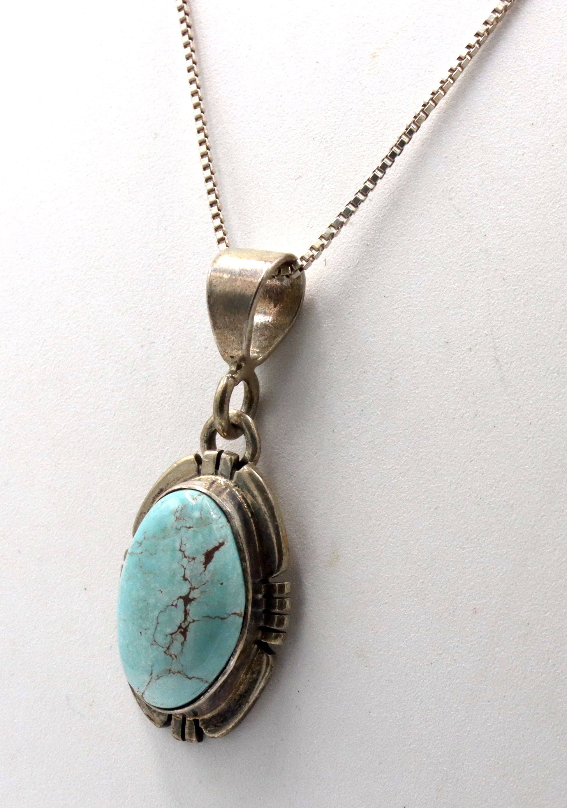 P.Sanchez signed 925 sterling silver turquoise pendant on box chain necklace