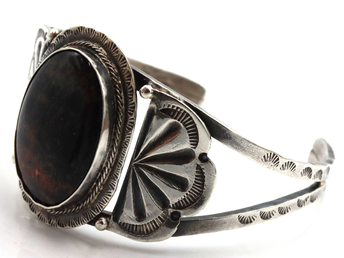 925 Sterling Silver Vintage Native American Navajo Pertified Wood Center Piece Cuff Bracelet