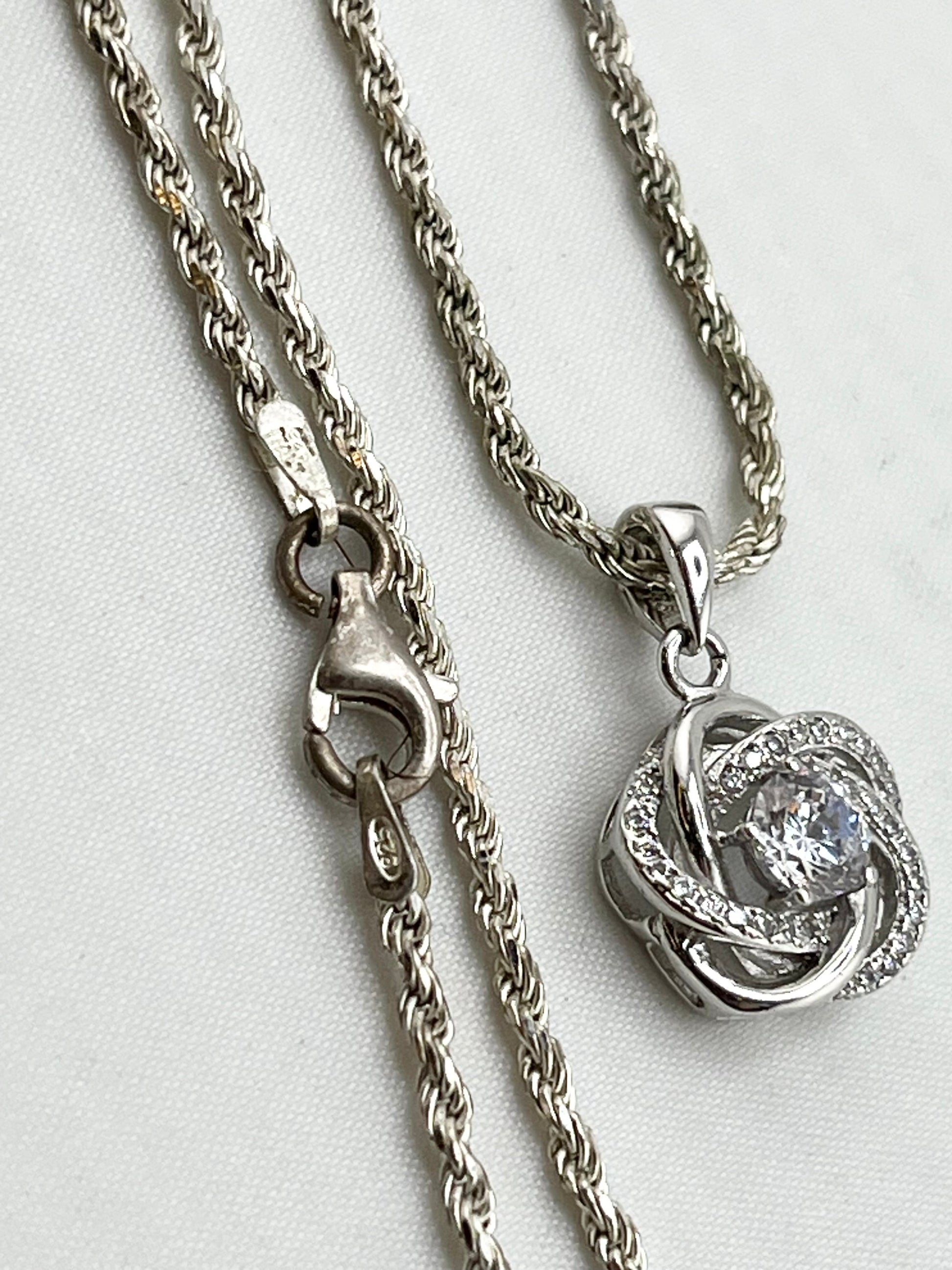 Italian 925 Sterling Silver Infinity Love Knot CZ Pendant with Rope Chain Necklace