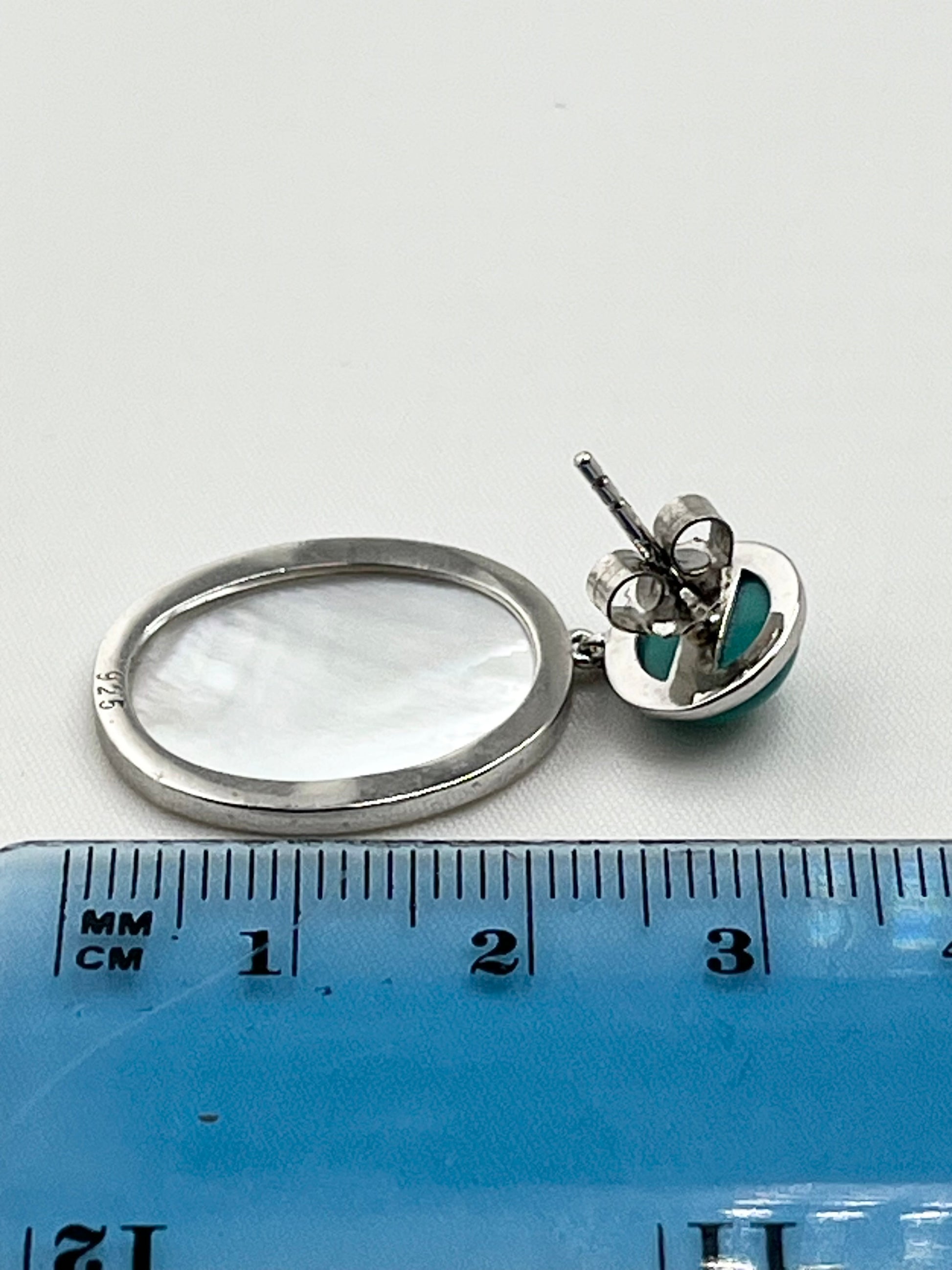 925 Sterling Silver Drop Turquoise And White MOP Earrings