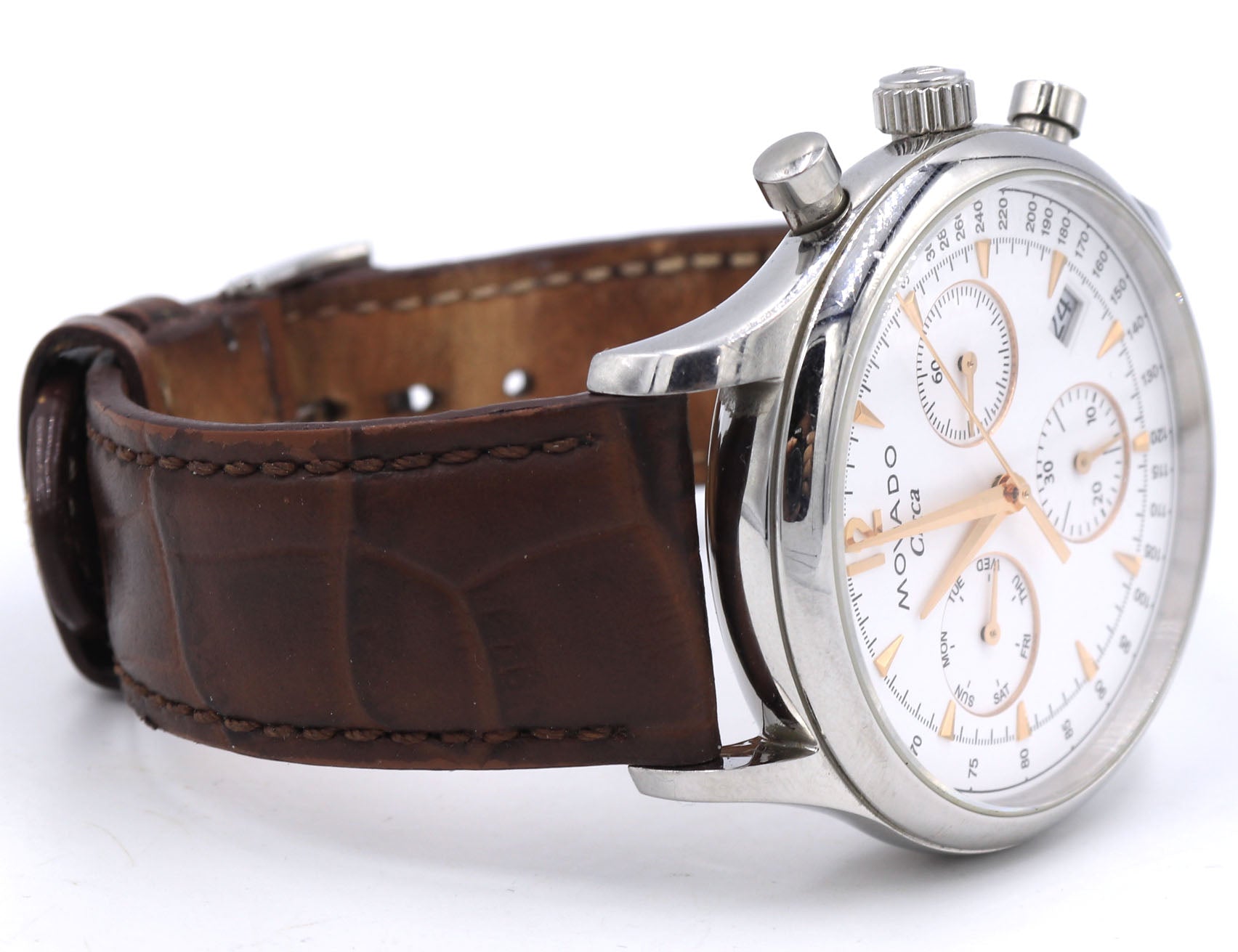 Movado Circa white dial watch with brown leather strap
