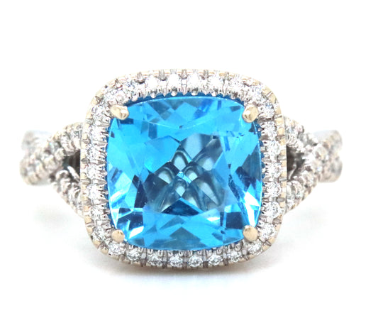 14KT White Gold Cushion Cut Natural Blue Topaz Ring