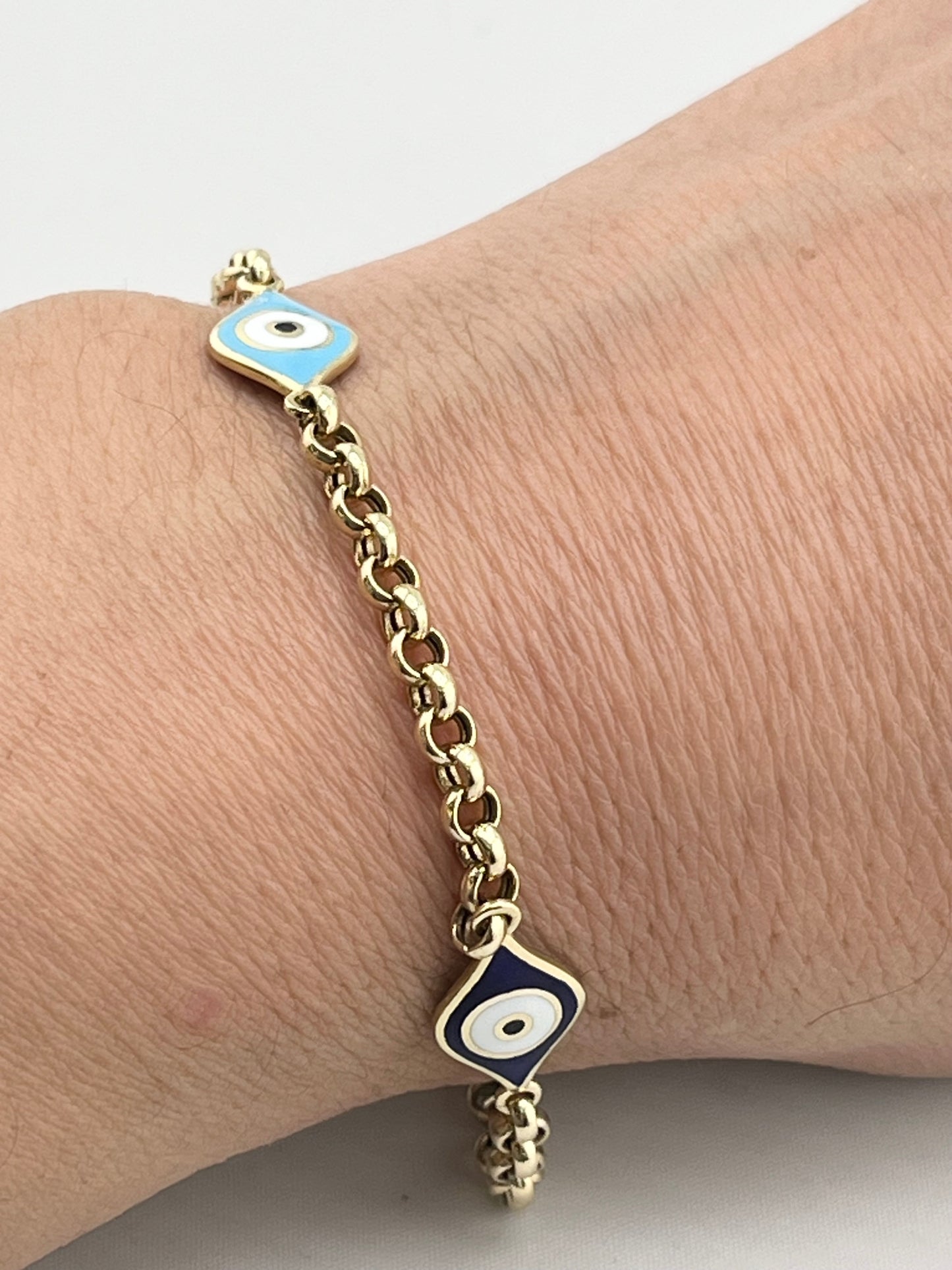 14KT Yellow Gold Two Different Enamel Color Evil Eye With Rolo link Chain