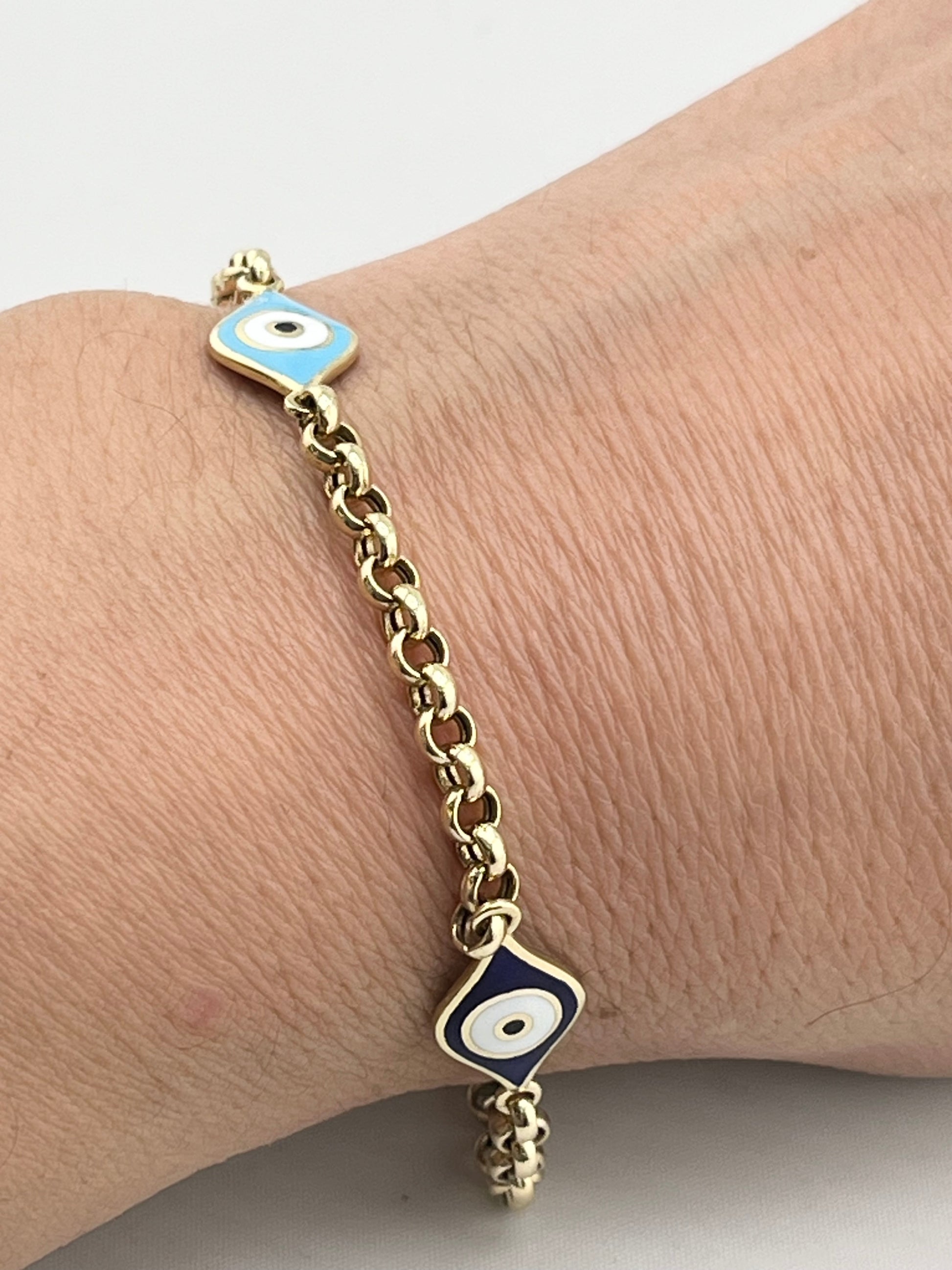 14KT Yellow Gold Two Different Enamel Color Evil Eye With Rolo link Chain