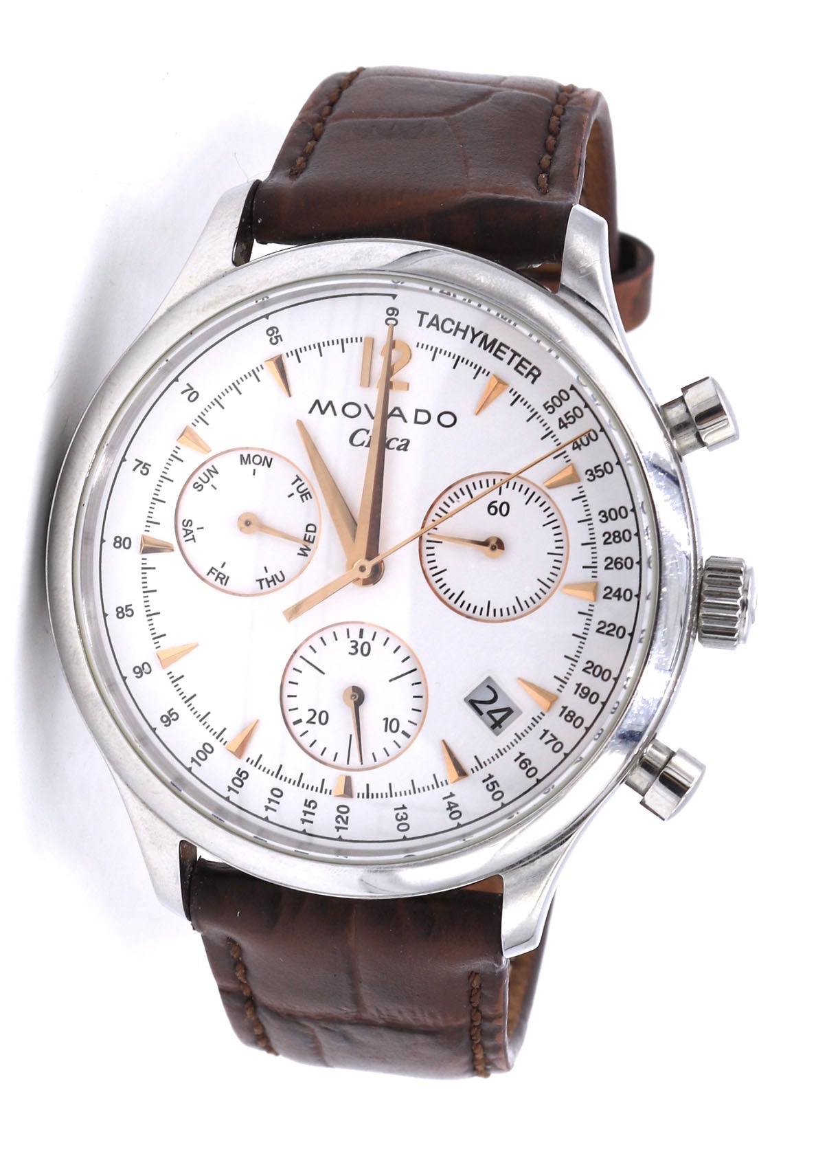 Movado Circa white dial watch with brown leather strap