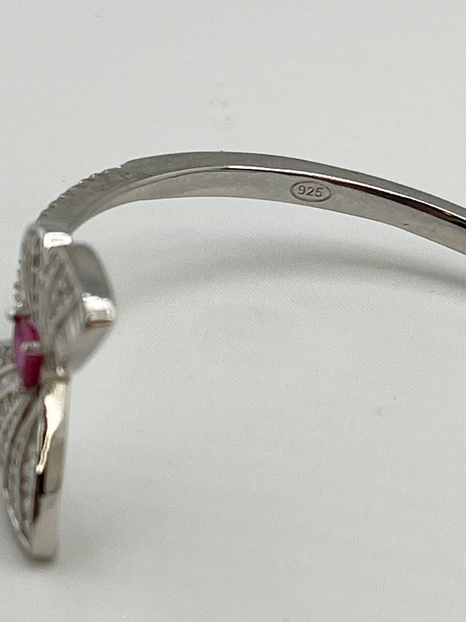 925 Sterling Silver Stunning Twin Butterfly Cuff With Baguette And Round Rhinestone Cuff Bracelet