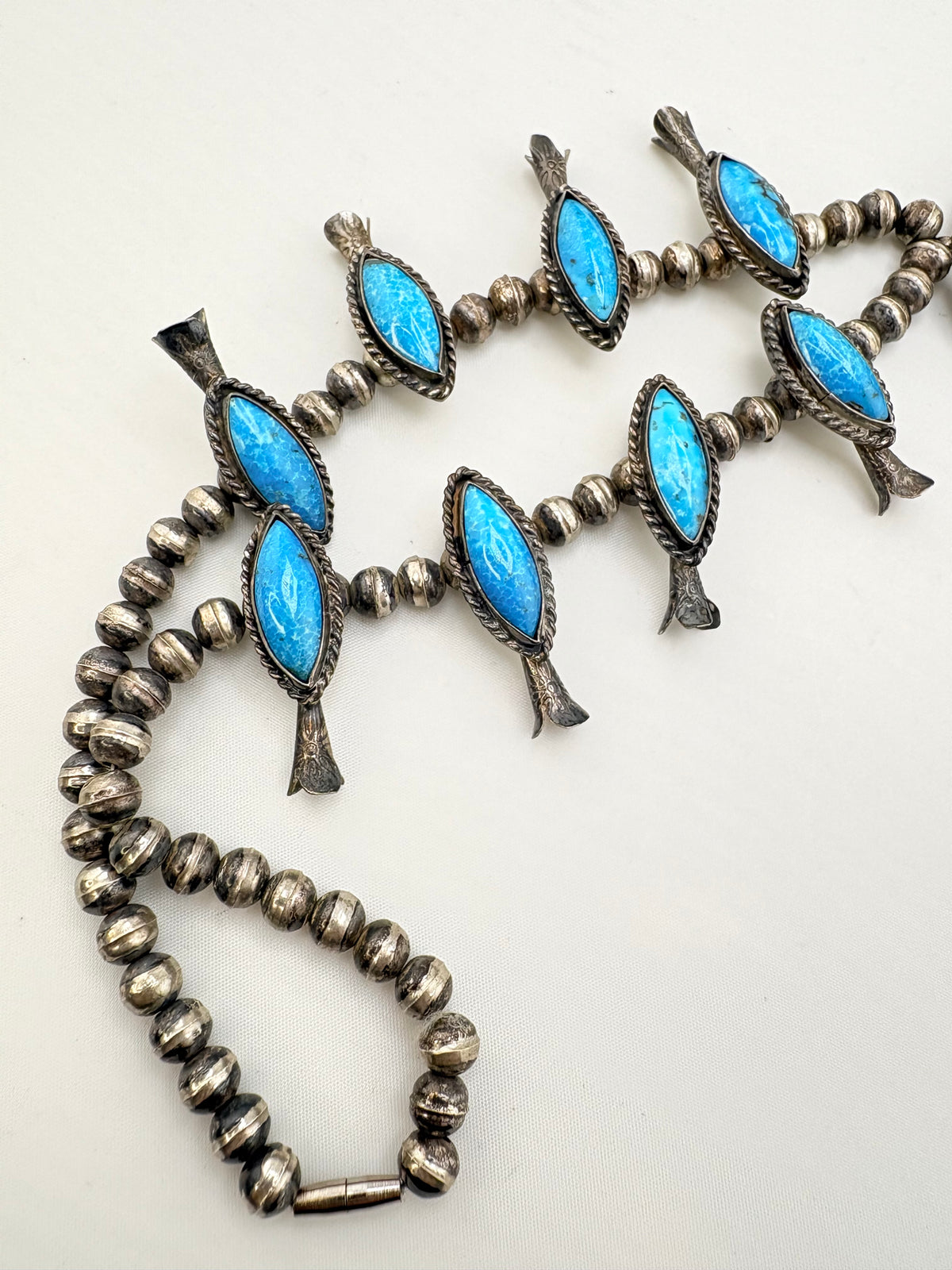 925 Sterling Silver Vintage Native American Turquoise Squash Blossom Necklace With Central Naja Pend