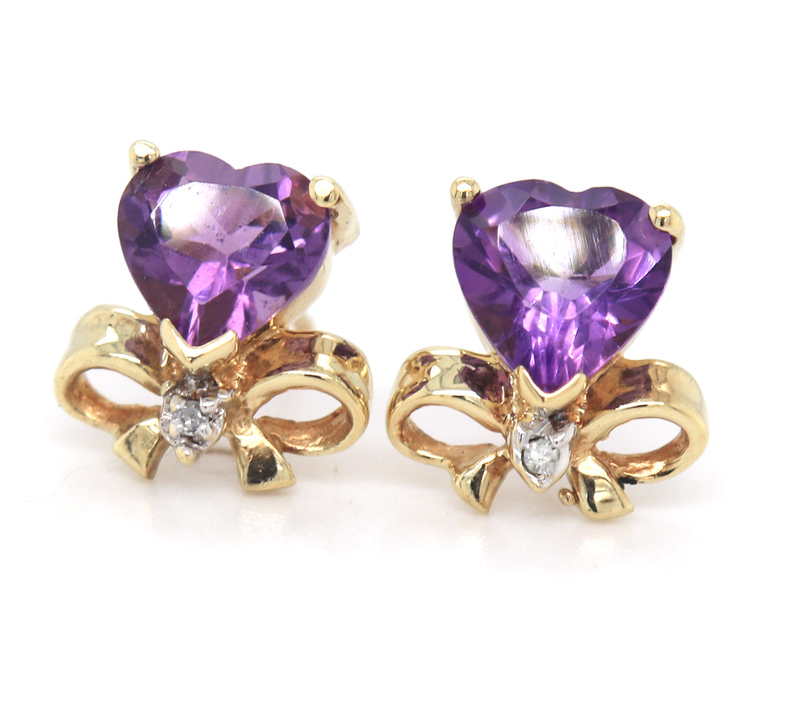 10kt Yellow gold heart amethyst and diamond bow stud earrings