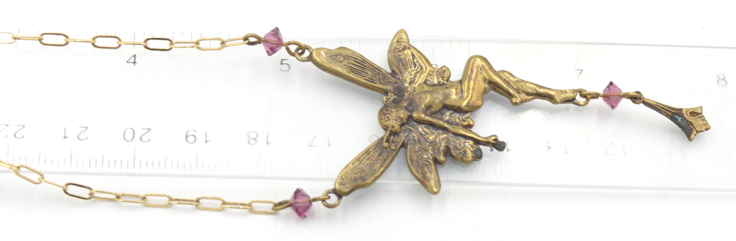 Set of Vintage brass Pididdly links fairy necklace and dangle earrings