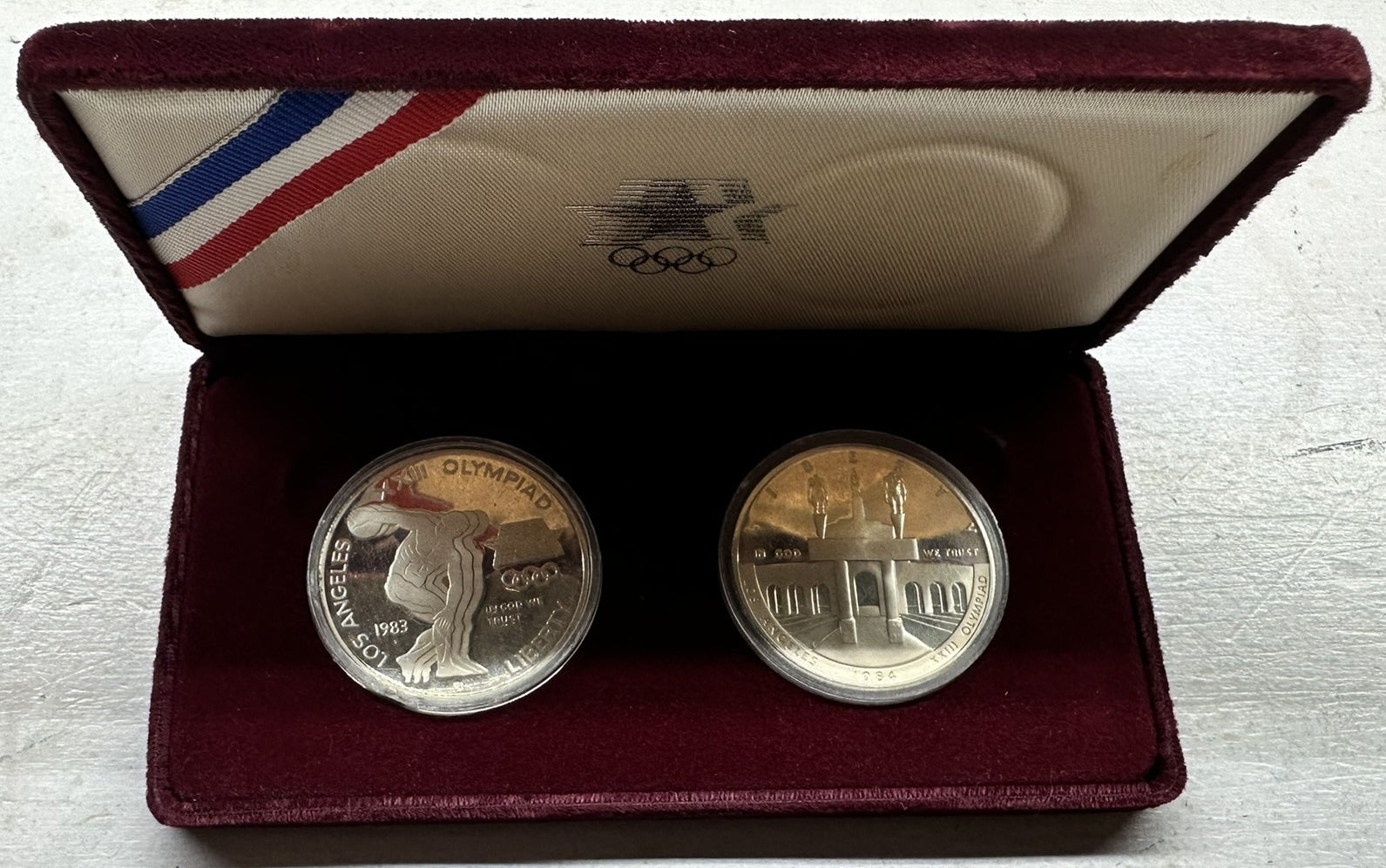 1983–1984 Olympic Commemorative Silver Dollar Proof Set 2 Coins w/ Original Box