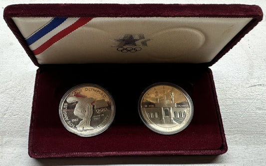 1983–1984 Olympic Commemorative Silver Dollar Proof Set 2 Coins w/ Original Box