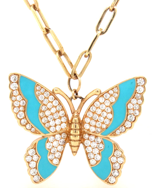14KT Yellow Gold Large Butterfly With Diamonds And Turquoise Enamel Comes With Beatiful Paperclip Ch