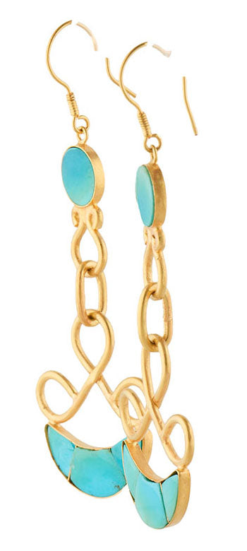 Turquoise Inlay Moon Phase Dangle Earrings in 18K