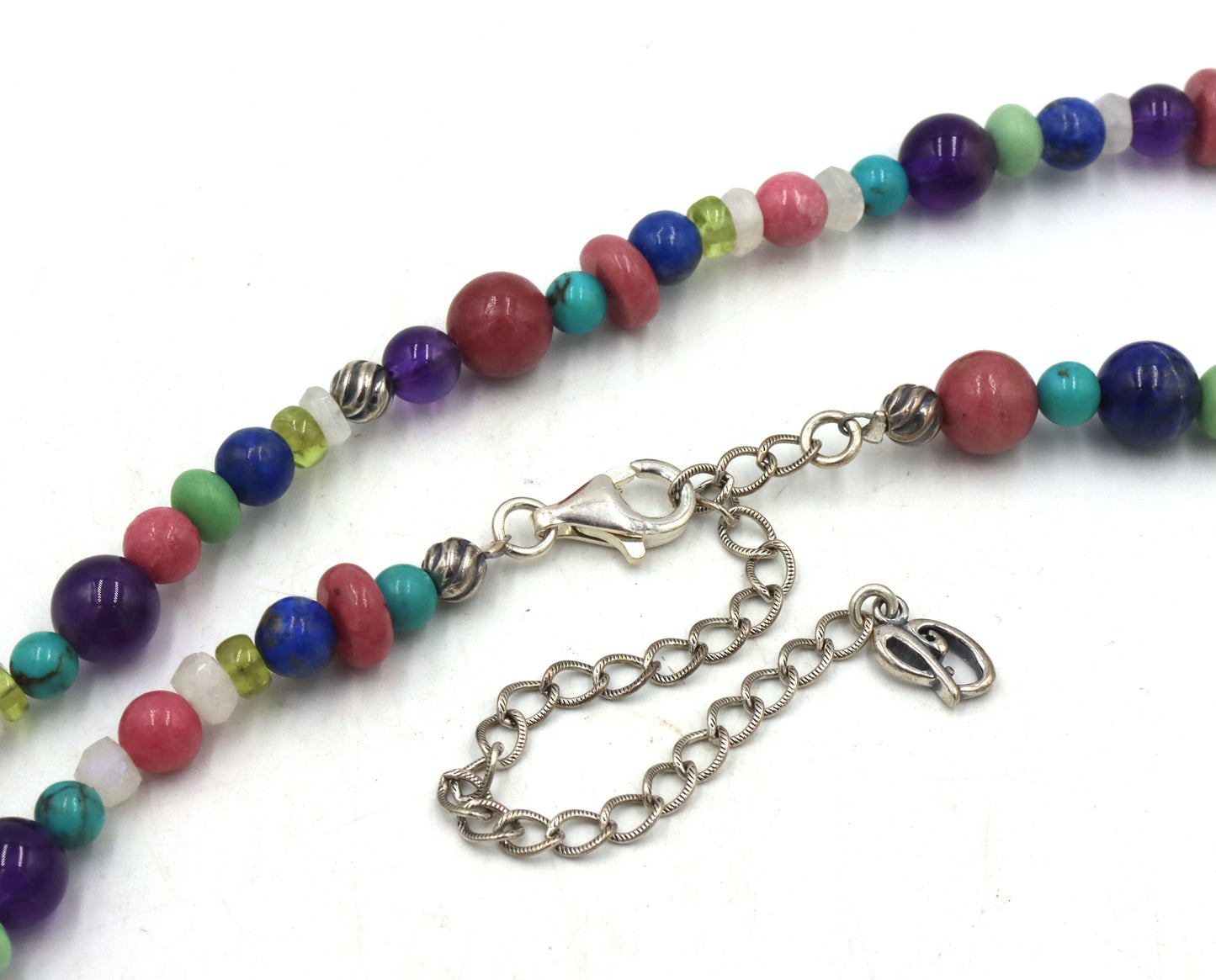 Multi color gemstone and silver beaded necklace
