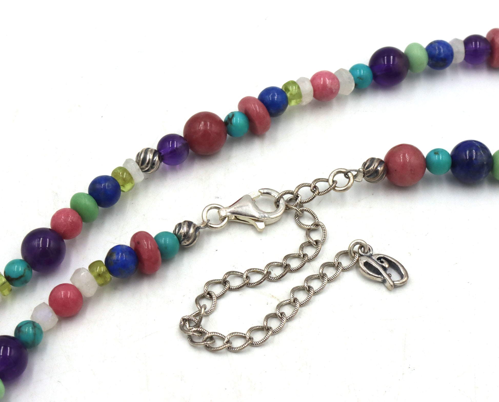 Multi color gemstone and silver beaded necklace