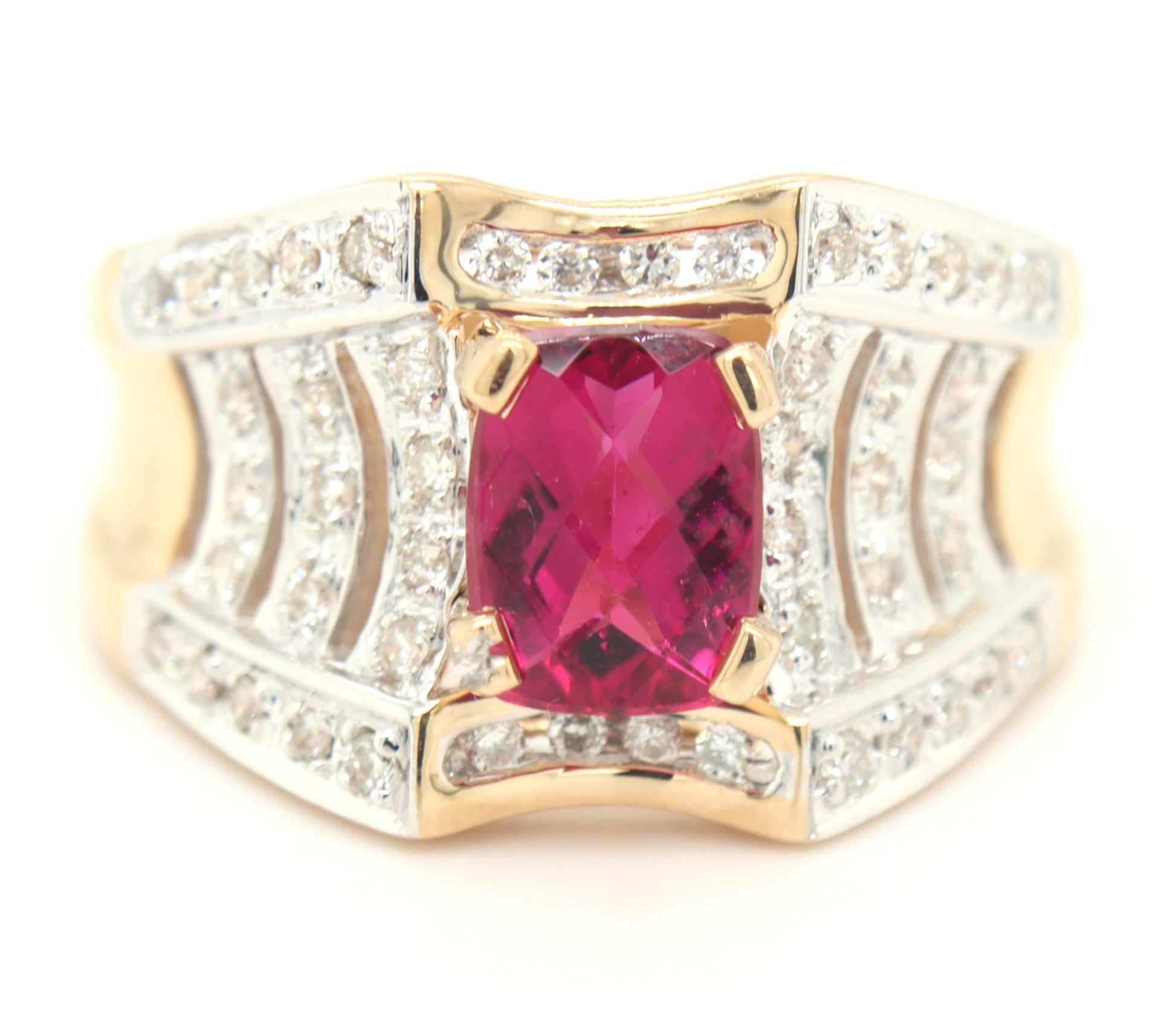 14kt Yellow gold 1.50ctw pink tourmaline and diamond wide band