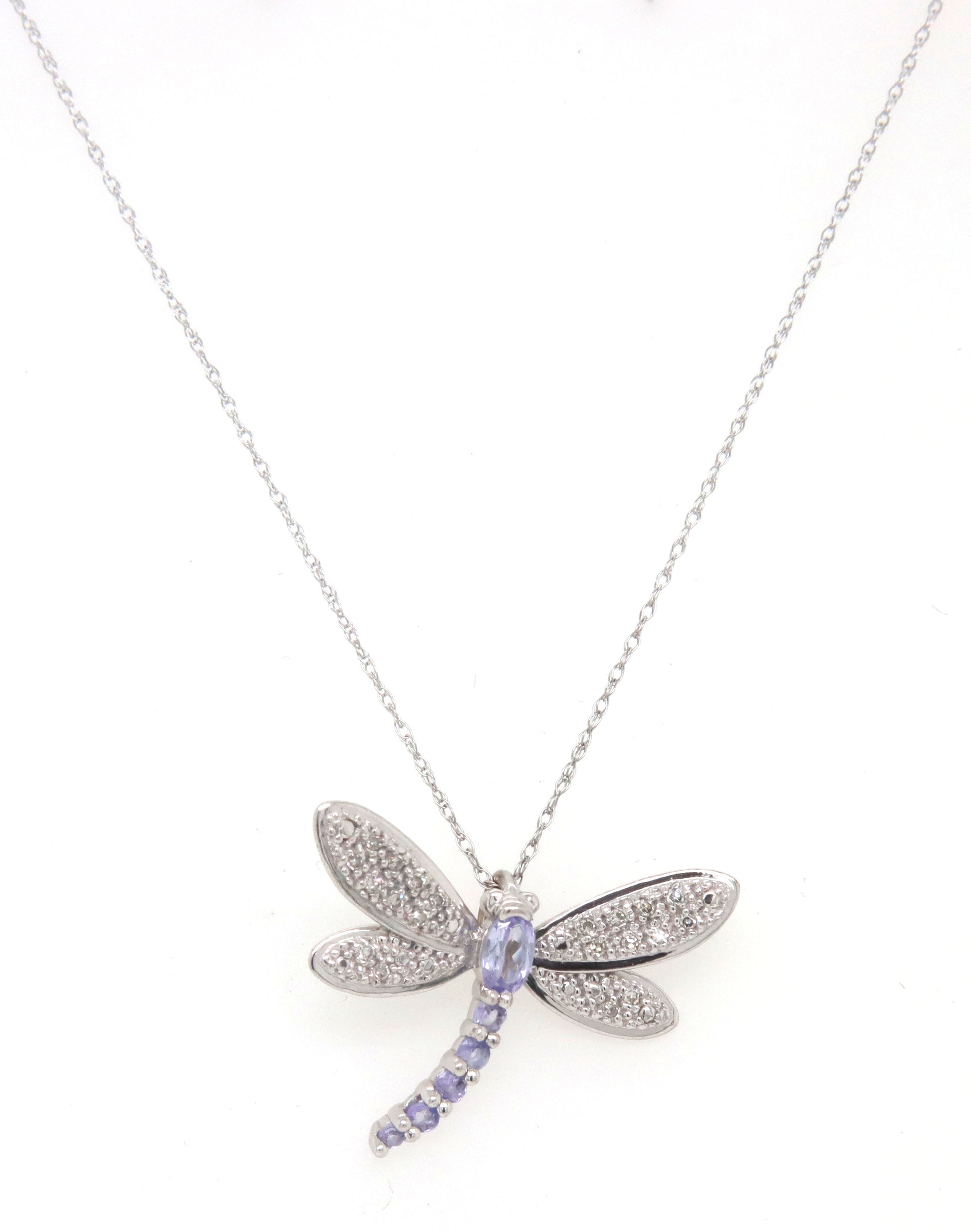 10kt White gold oval tanzanite and diamond dragonfly pendant on chain