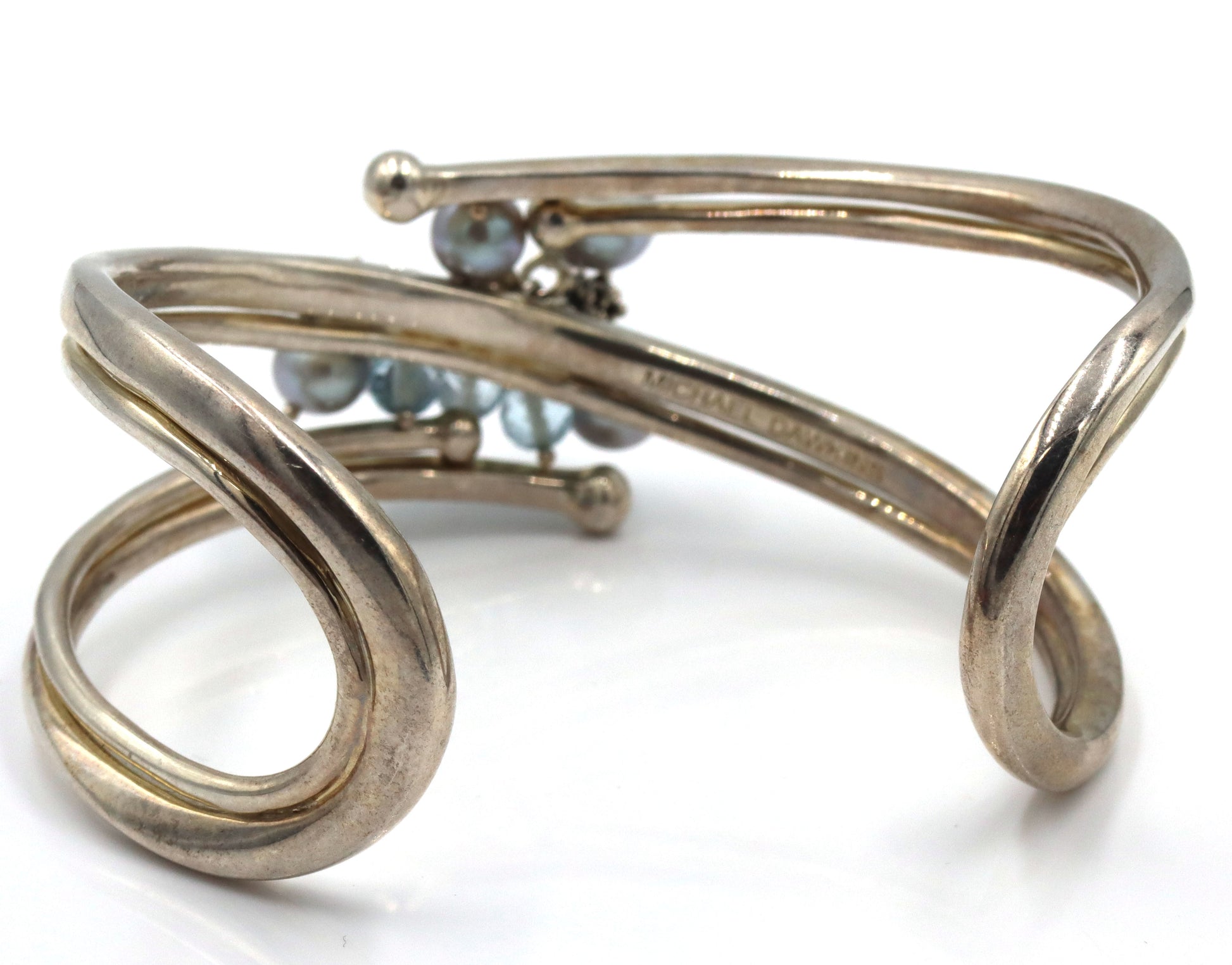 925 Sterling Silver Michael Dawkins Pearl & Blue Topaz Cuff Bracelet