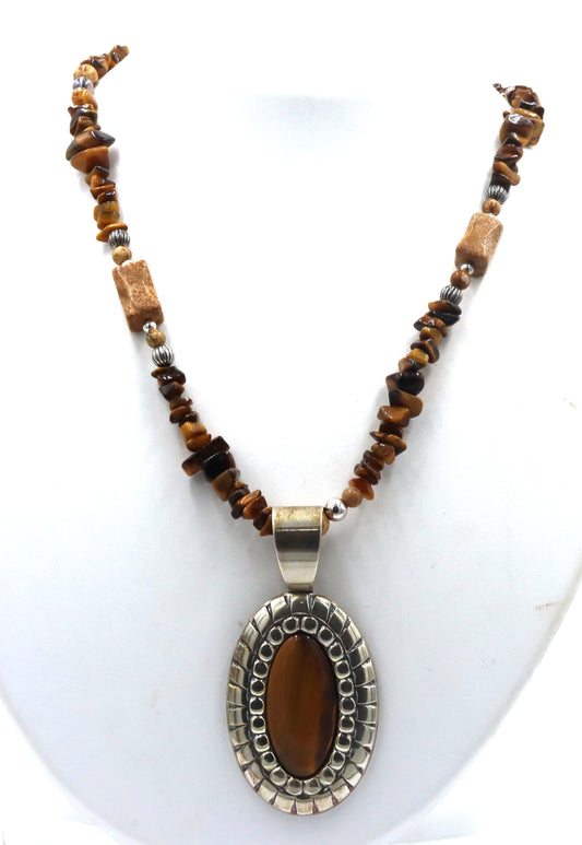 925 Sterling silver tiger eye pendant on beaded tiger eye necklace