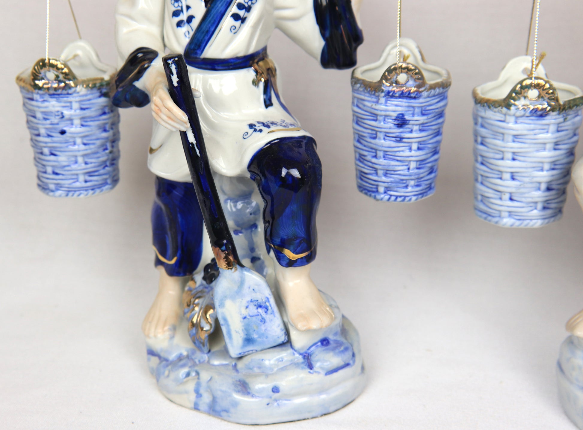 Vintage Blue & White Porcelain Asian Fishermen Figurines – Pair – Hand Painted